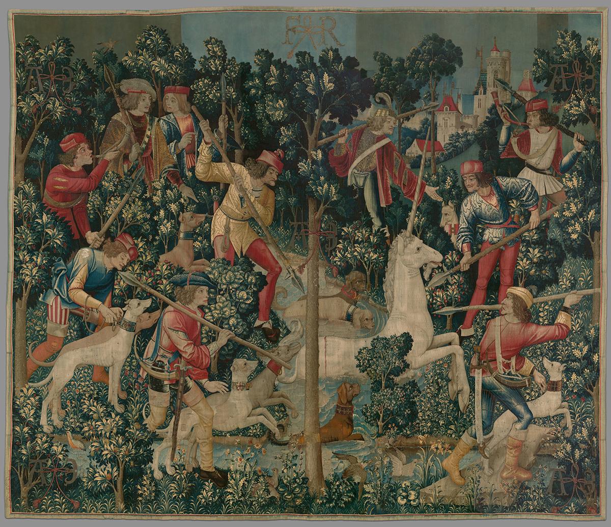 Scholars wonder whether the “AE” cipher on the tapestries represents Adam and Eve. "The Unicorn Crosses a Stream," (1495–1505). Wool warp with wool silk, silk, silver, and gilt wefts; 145 inches by 168 inches. Gift of John D. Rockefeller Jr. (1937), The Met Cloisters. (Public Domain)