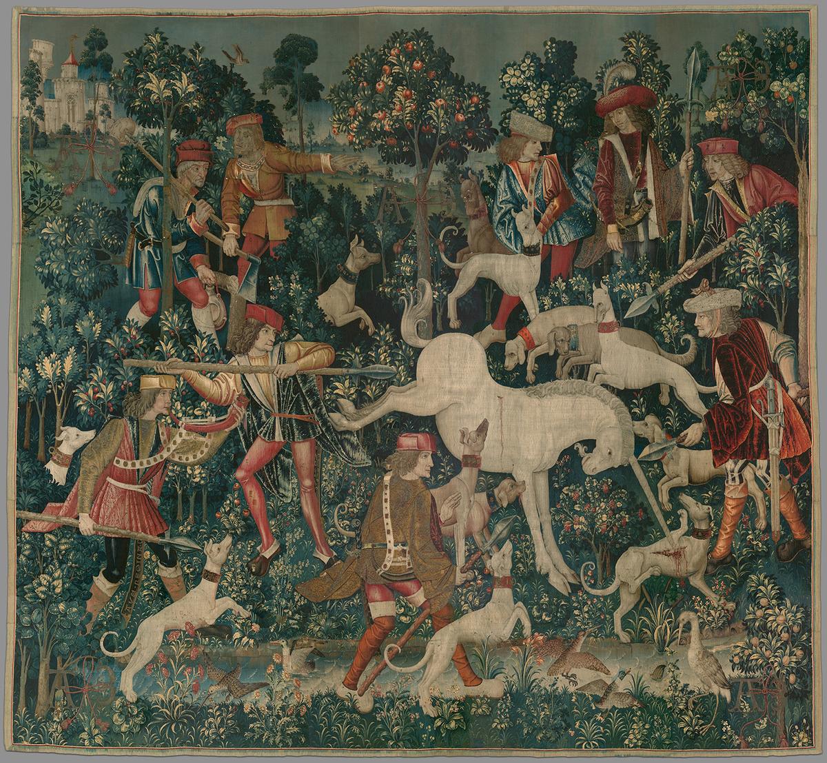 There are 101 different plant species rendered in the tapestry cycle, with 84 having been identified. "The Unicorn Defends Himself," (1495–1505). Wool warp with wool silk, silk, silver, and gilt wefts; 145 inches by 158 inches. Gift of John D. Rockefeller Jr. (1937), The Met Cloisters. (Public Domain)