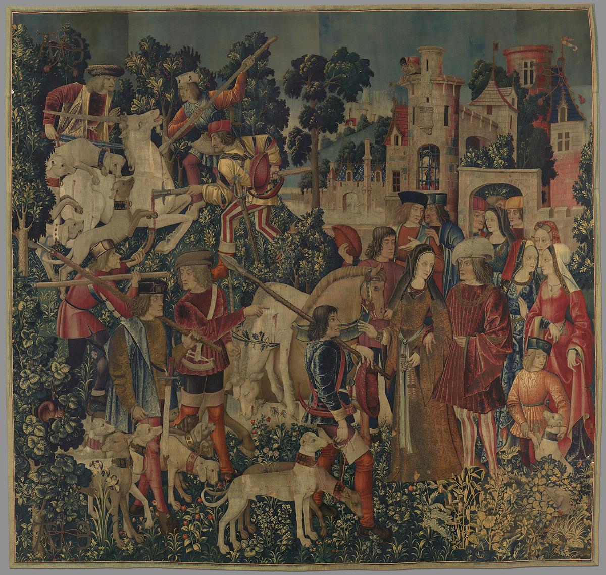 "The Hunters Return to the Castle," (1495–1505). Wool warp with wool silk, silk, silver, and gilt wefts; 145 inches by 153 inches. Gift of John D. Rockefeller Jr. (1937), The Met Cloisters. (Public Domain)