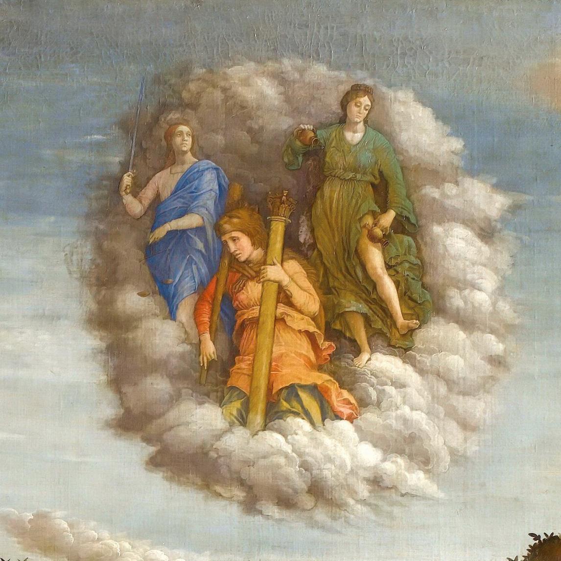 Justice, Temperance, and Forbearance wait in the clouds to return to the Garden of Virtue in this detail of "Minerva Expelling the Vices from the Garden of Virtue." (Public Domain)
