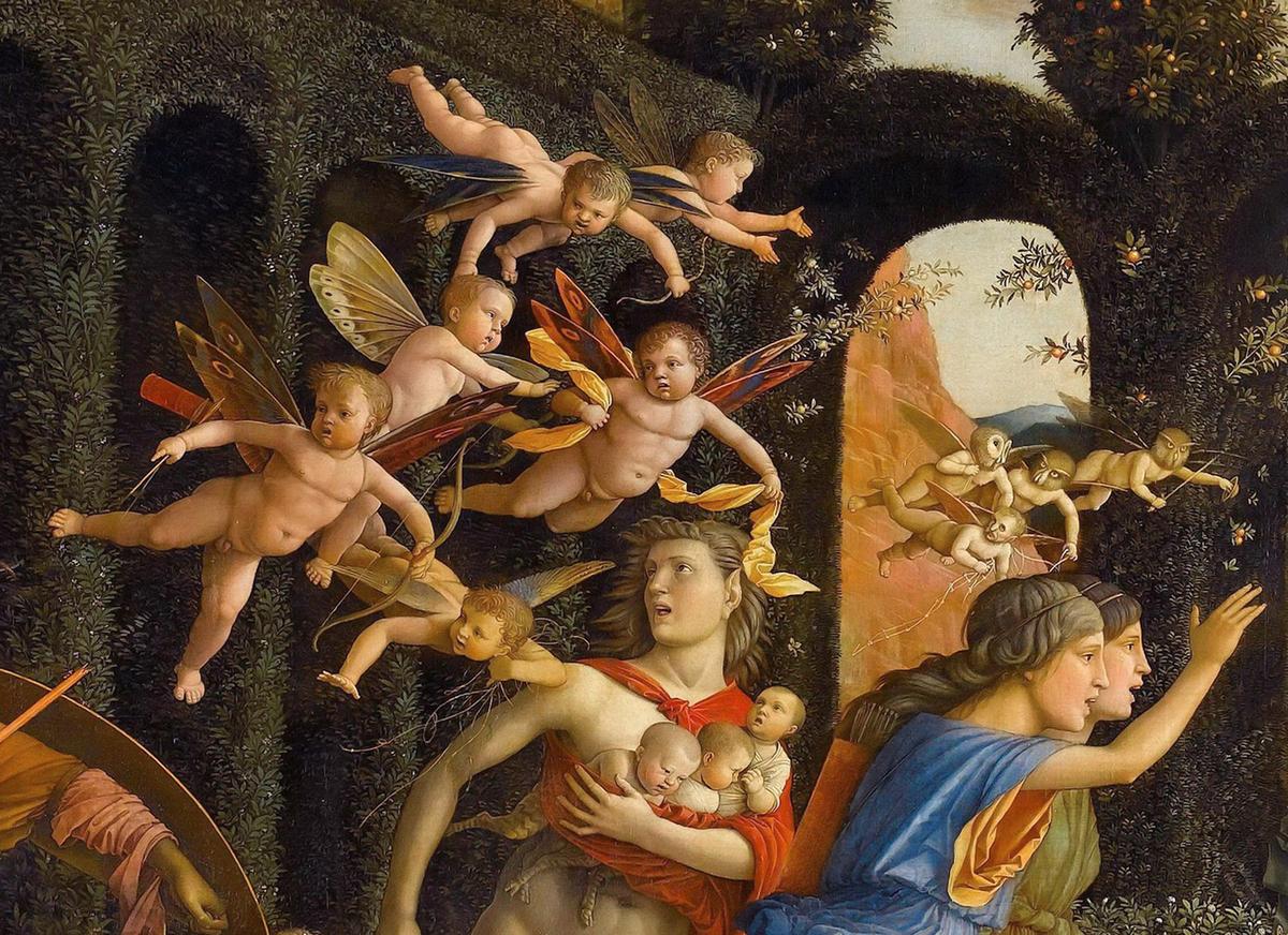 "Cupidi," who do malicious mischief, scatter from the garden in a detail of "Minerva Expelling the Vices from the Garden of Virtue." (Public Domain)