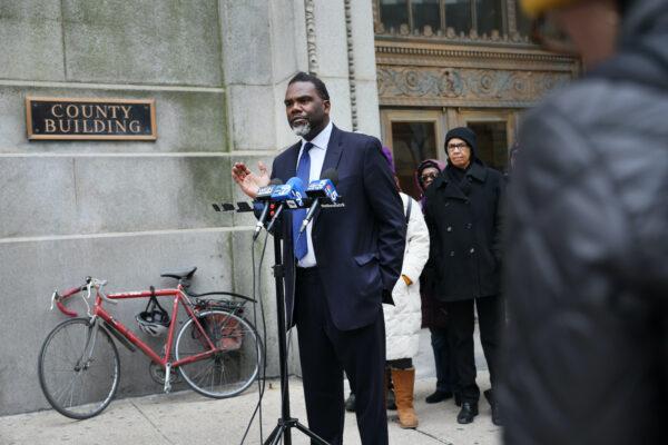 Chicago mayoral candidate and Cook County commissioner Brandon Johnson speaks during a press conference outside of City Hall to explain his proposed agenda if elected mayor on Jan. 24, 2023. (Scott Olson/Getty Images)