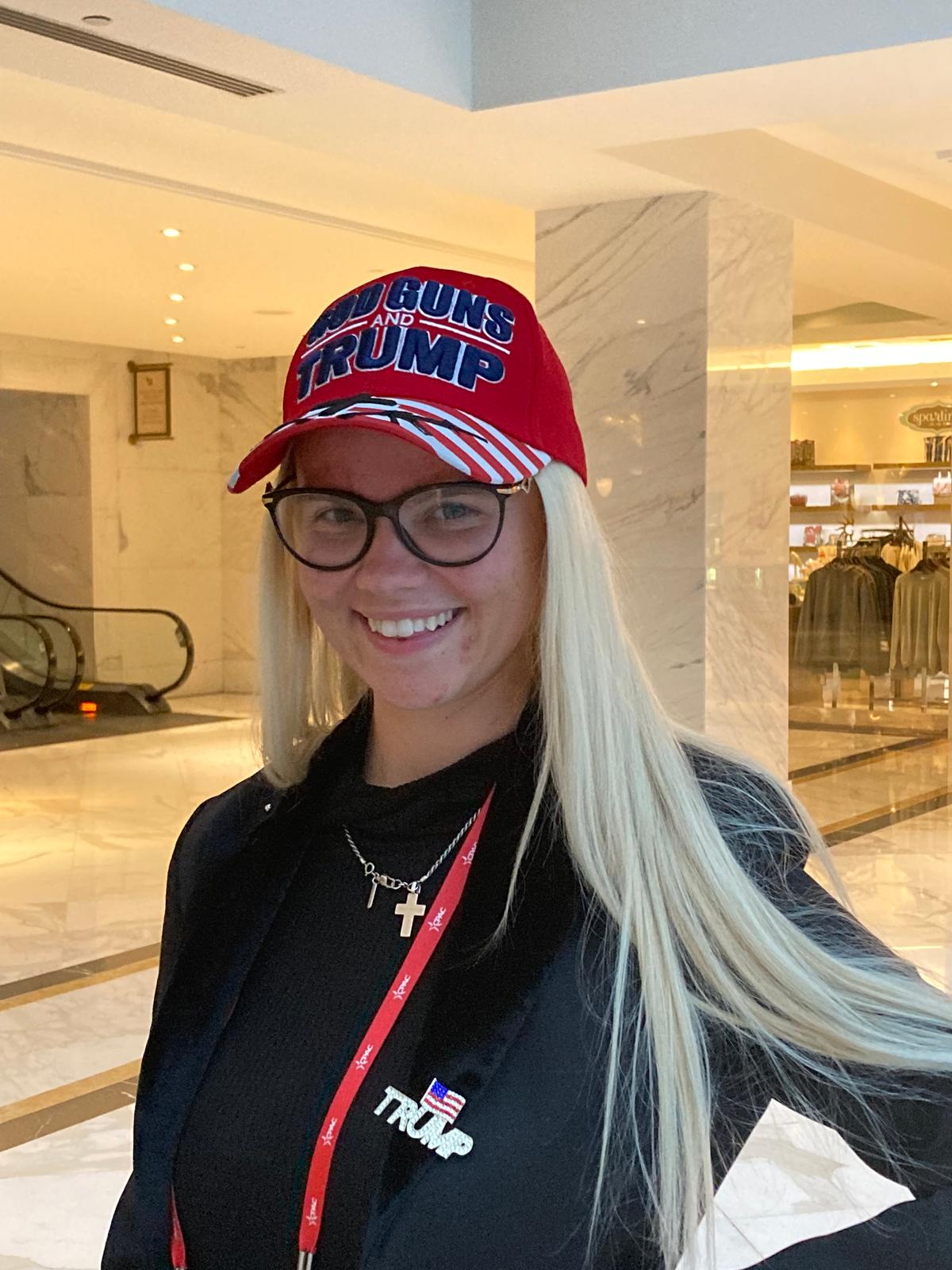 Patrycja Brylska, 24, sports her Trump-loving style at CPAC on March 2, 2023. (Janice Hisle/The Epoch Times)