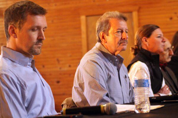 Oklahoma business owners Bryan Jackson (L) and Chuck Mills (C), and rancher Kelli Payne (R) testify before a hearing of the House Ways and Means Committee in Yukon, Okla., on March 7, 2023. (Michael Clements/The Epoch Times)