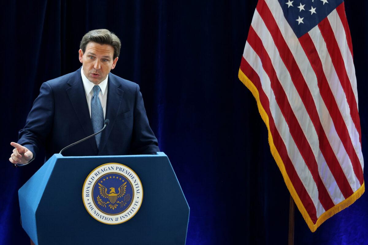 Florida Gov. Ron DeSantis speaks about his new book "The Courage to Be Free" in the Air Force One Pavilion at the Ronald Reagan Presidential Library in Simi Valley, Calif., on March 5, 2023. (Mario Tama/Getty Images)