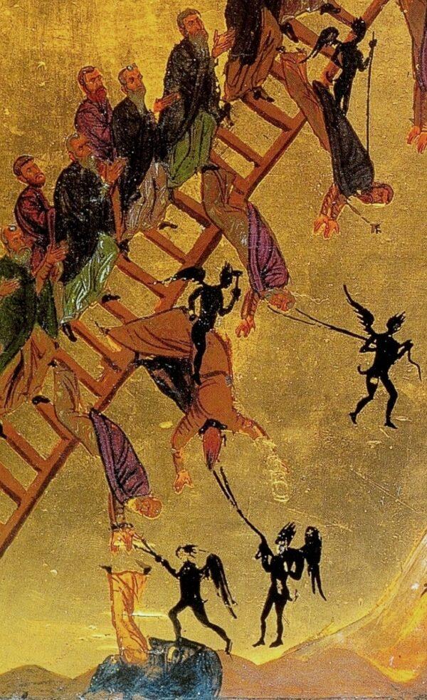 In this detail of "The Ladder of Divine Ascent," demons try all manner of tricks to entice the devout to sin and fall from grace and their salvation. The fallen monks descend into the jaws of hell. (<a href="https://commons.wikimedia.org/wiki/File:The_Ladder_of_Divine_Ascent_Monastery_of_St_Catherine_Sinai_12th_century.jpg">PD-US</a>)