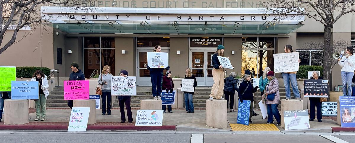Protesters outside the courthouse in Santa Cruz, Calif., following the release of a video showing two teens being dragged out of their homes under a court order that they be taken away to a reunification camp. (Courtesy of Alienation Industry)