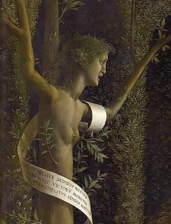 Virtue, bound, awaits to be saved, in a detail from "Minerva Expelling the Vices From the Garden of Virtue." (Public Domain)