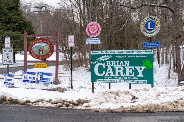 A sign supporting Brian Carey for mayor in Otisville, N.Y., on March 1, 2023.