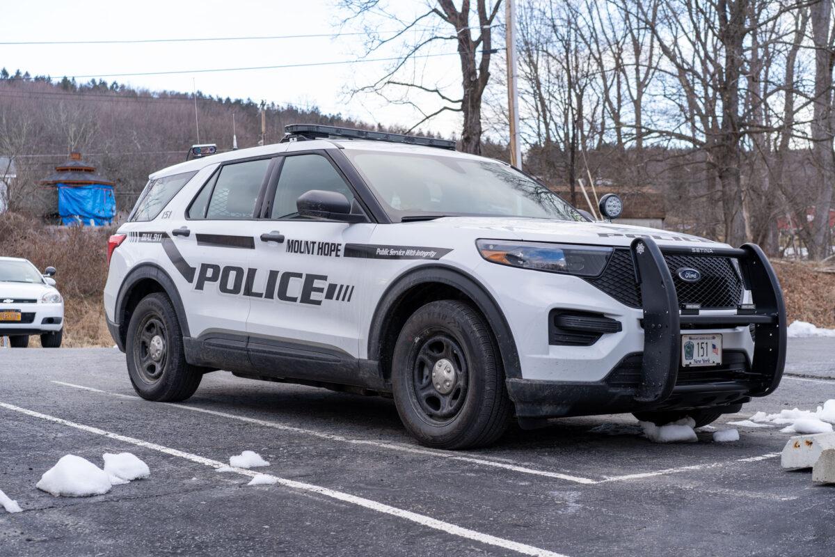 A Town of Mount Hope police car outside the police department in Otisville, N.Y., on March 7, 2023.