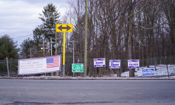 Campaign signs for village elections in Otisville, New York, on March 7, 2023. (Cara Ding/The Epoch Times)