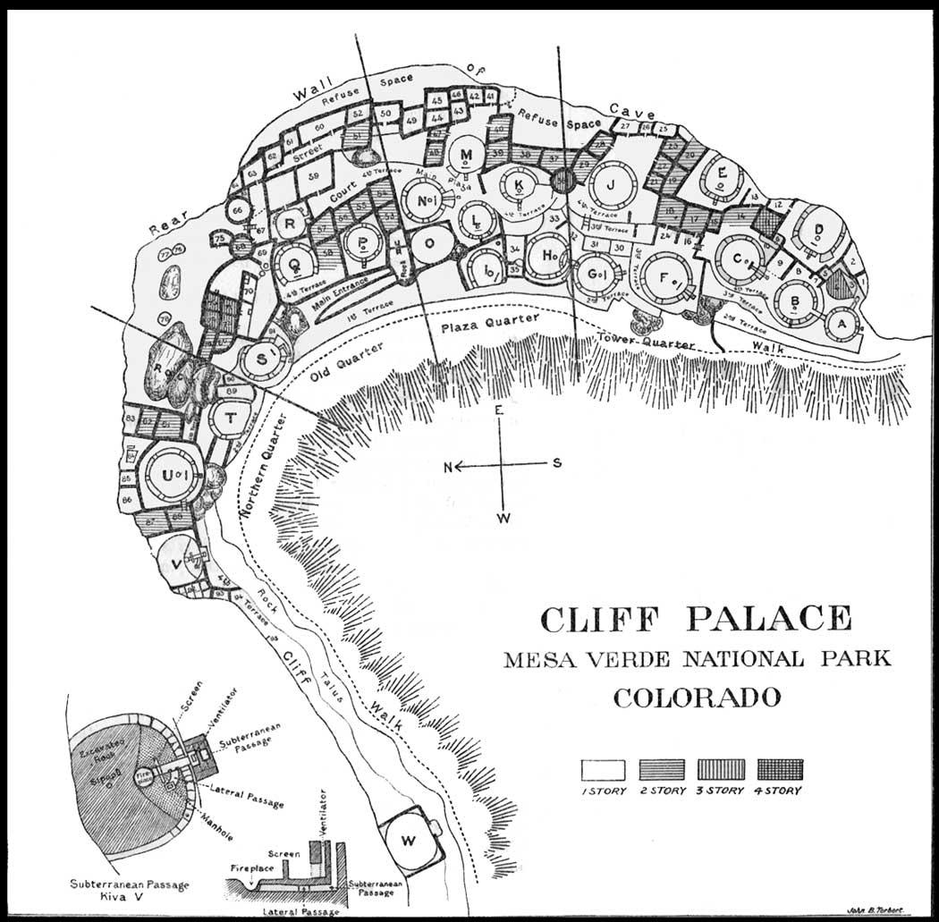 A ground plan of Cliff Palace. (<a href="https://en.wikipedia.org/wiki/File:Mesa_Verde_NP_cliff_palace_ground_plan.jpg">Public Domain</a>)
