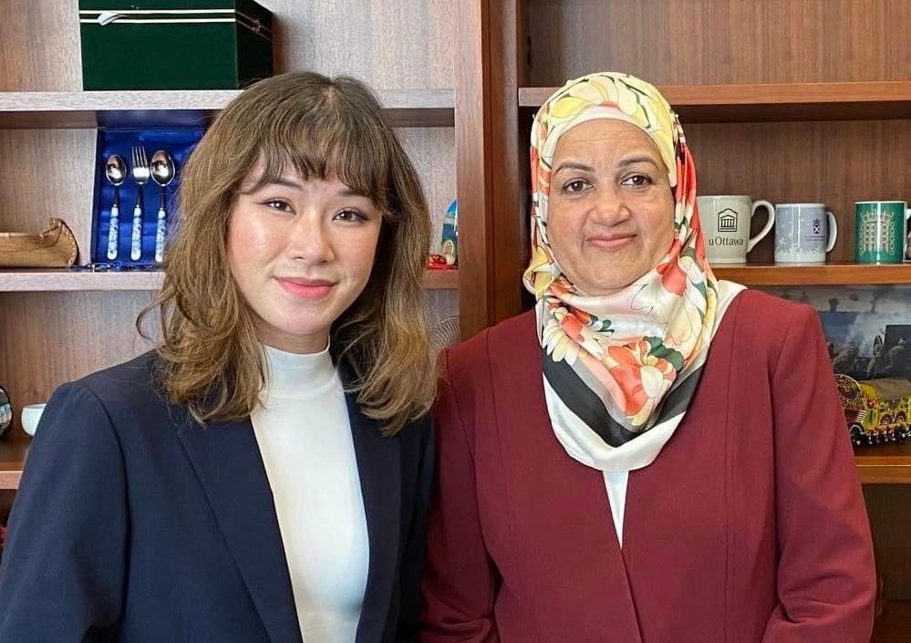Hong Kong Watch co-founder and trustee Aileen Calverley (L) visited police adviser Katherin Leung (R) visited Ottawa to meet with the Canadian Vice Chair of the immigration committee, Salma Zahid MP, between Oct. 17 and Oct. 20, 2022. (Courtesy of Aileen Calvarley)