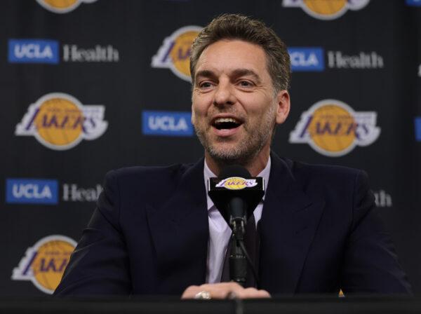 Former Los Angeles Lakers Pau Gasol (16) speaks to the media during a press conference before his jersey retirement ceremony taking place at halftime in the game between the Memphis Grizzlies and the Los Angeles Lakers in Los Angeles on March 7, 2023. (Harry How/Getty Images)