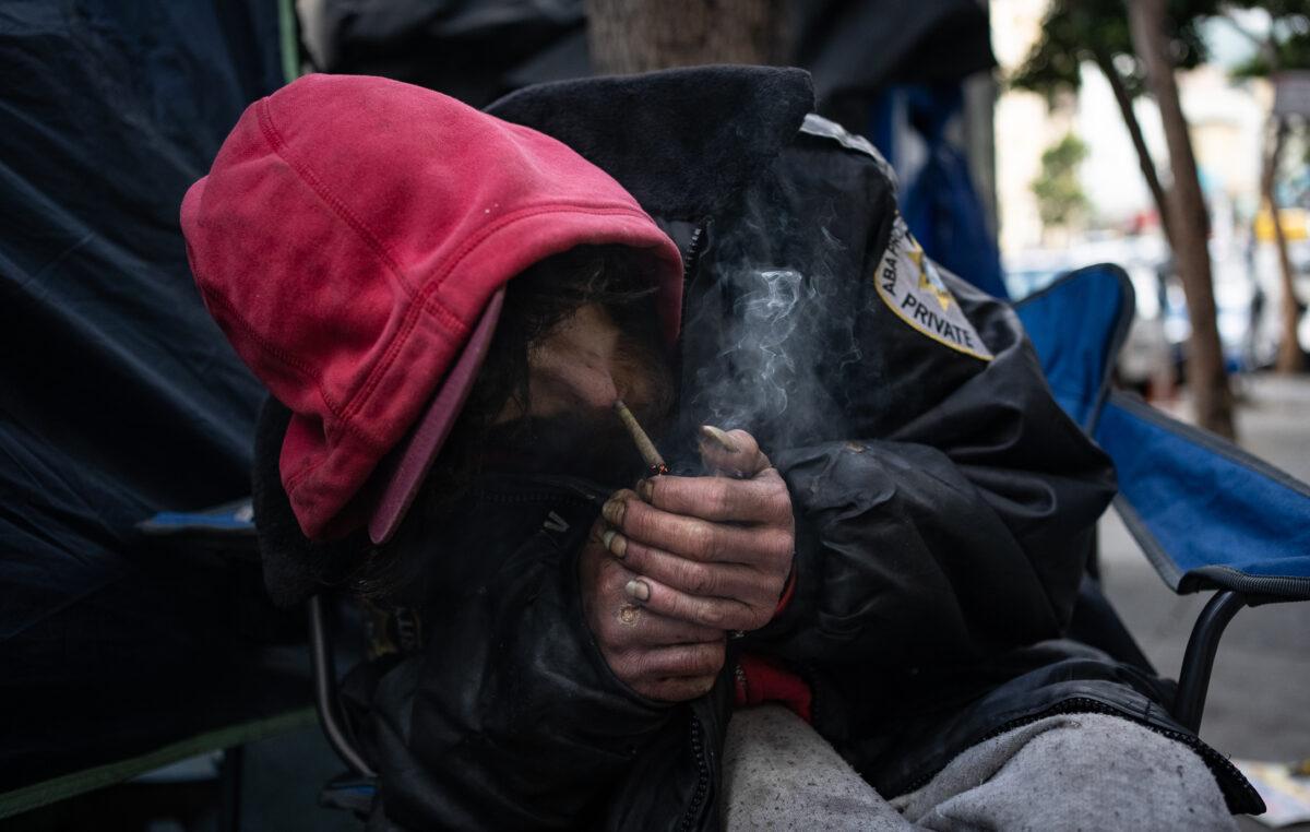 Spencer, a homeless person, in San Francisco on Feb. 23, 2023. (John Fredricks/The Epoch Times)