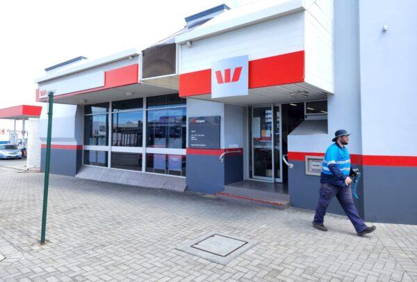 A man leaves a Westpac branch in Albany, Western Australia, on March 8, 2023. (Susan Mortimer/The Epoch Times)