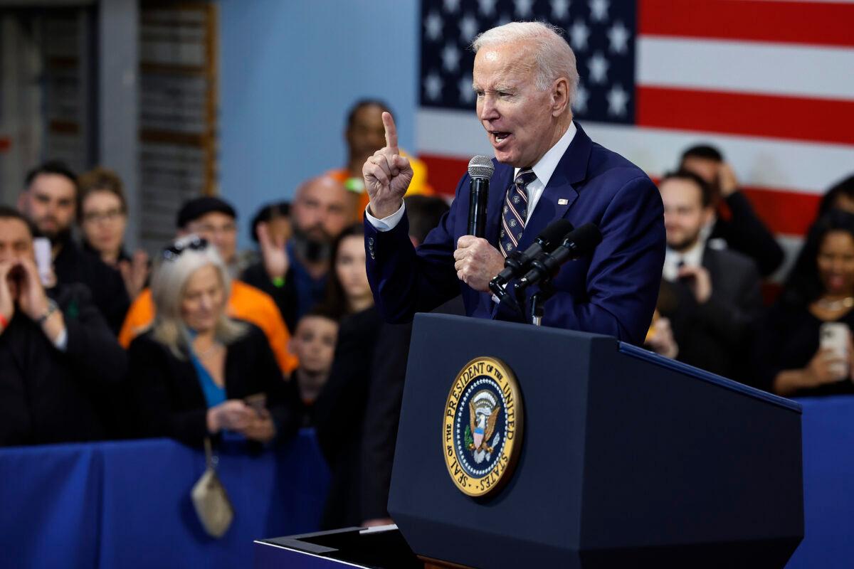 President Joe Biden talks about his proposed FY2024 federal budget during an event at the Finishing Trades Institute in Philadelphia, Pennsylvania, on March 9, 2023. (Chip Somodevilla/Getty Images)