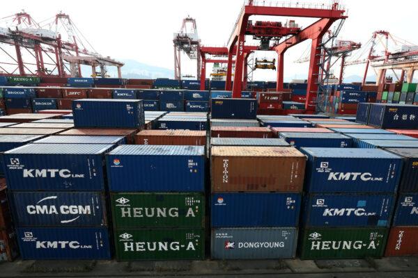 Shipping containers stacked in the container terminal at the port of Busan, South Korea, on Nov. 5, 2021. (Chung Sung-Jun/Getty Images)