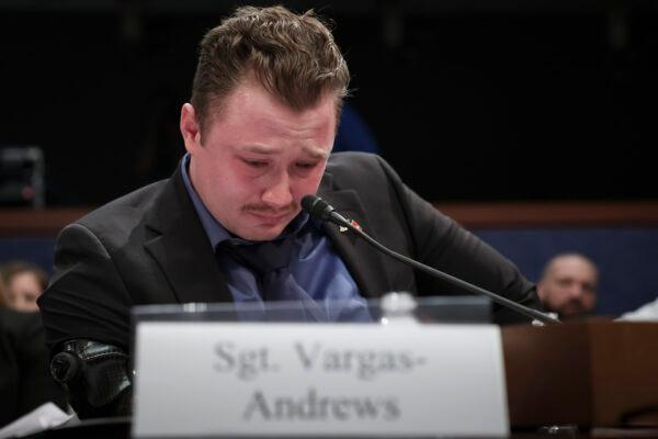 U.S. Marine Corps. Sergeant Tyler Vargas-Andrews testifies before the House Foreign Affairs Committee at the U.S. Capitol in Washington on March 8, 2023. (Win McNamee/Getty Images)