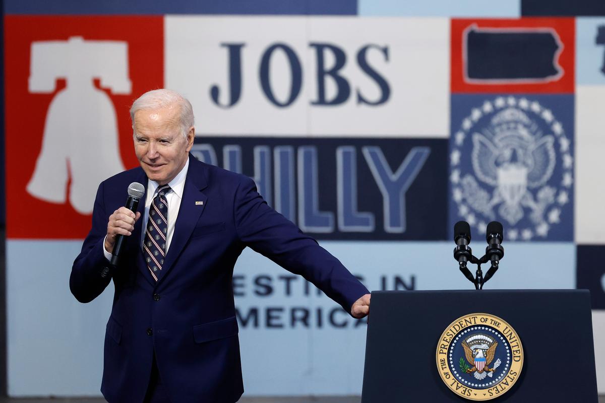  President Joe Biden talks about his proposed fiscal 2024 federal budget during an event at the Finishing Trades Institute in Philadelphia on March 9, 2023. (Chip Somodevilla/Getty Images)