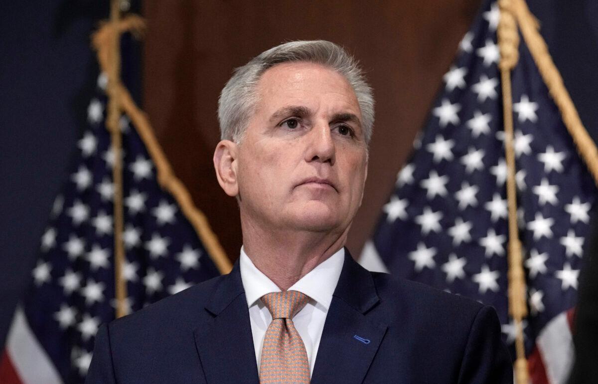 Speaker of the House Kevin McCarthy (R-Calif.) waits to speak during a news conference after a budget briefing at the U.S. Capitol in Washington on March 8, 2023. (Drew Angerer/Getty Images)