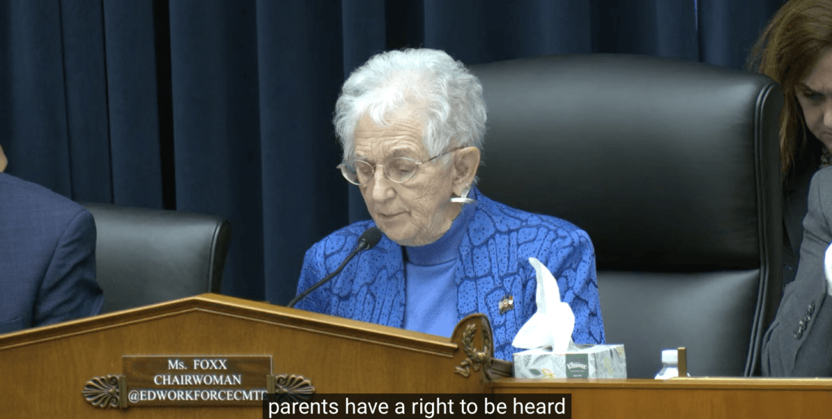 Rep. Virginia Foxx (R-N.C.), chair of the House Committee on Education & the Workforce, speaks during a session in Washington, D.C., on March 8, 2023,  (Janice Hisle/The Epoch Times via screenshot of live video)