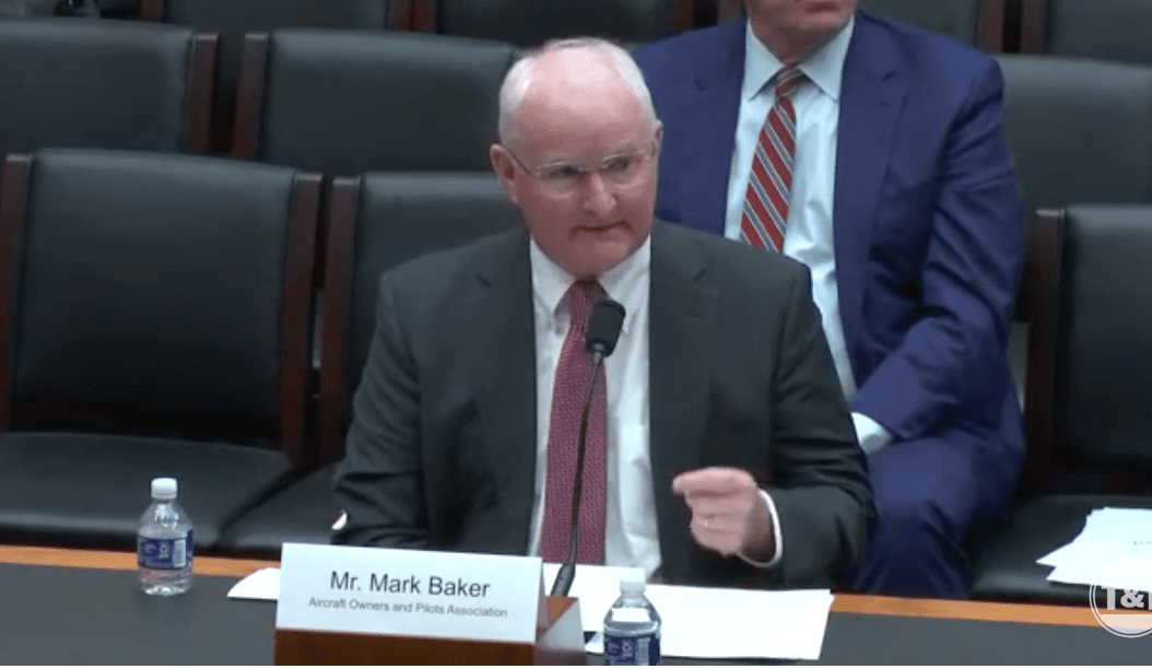 Mark Baker, president of the Aircraft Owners and Pilots Association, speaks during a congressional hearing on general aviation in Washington on March 9, 2023. (Janice Hisle/The Epoch Times via screenshot of live video)
