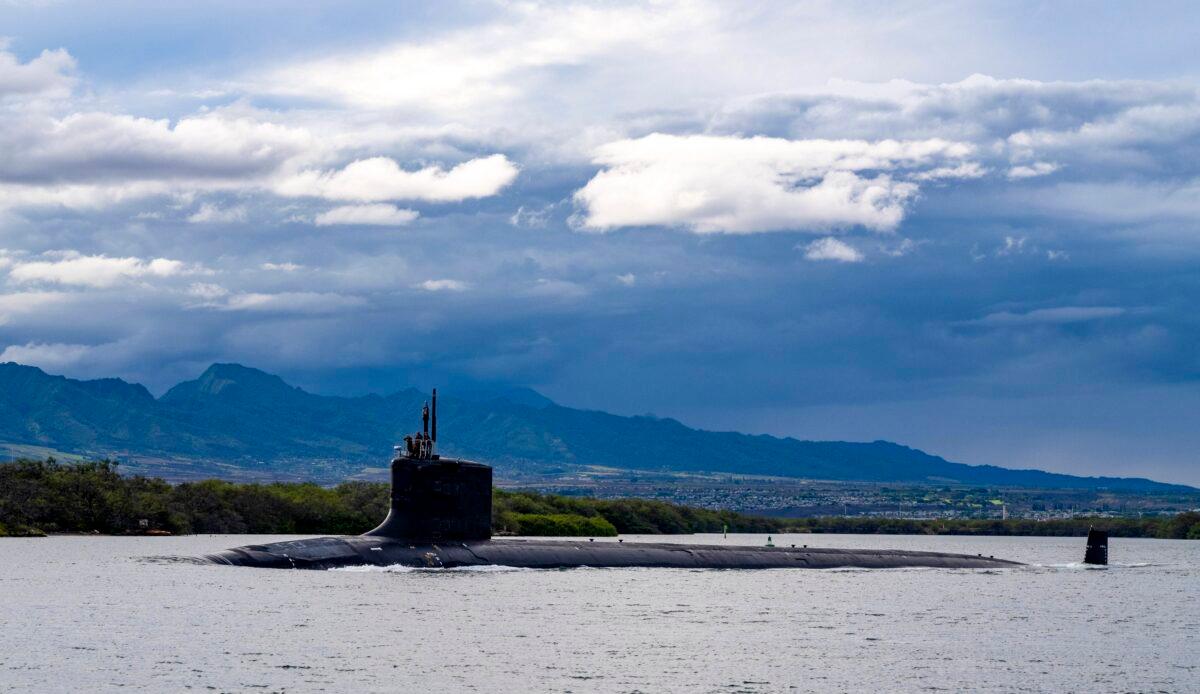 The Virginia-class fast-attack submarine USS Missouri departs Joint Base Pearl Harbor-Hickam in Hawaii for a scheduled deployment on Sept. 1, 2021. (Amanda R. Gray/U.S. Navy via AP)