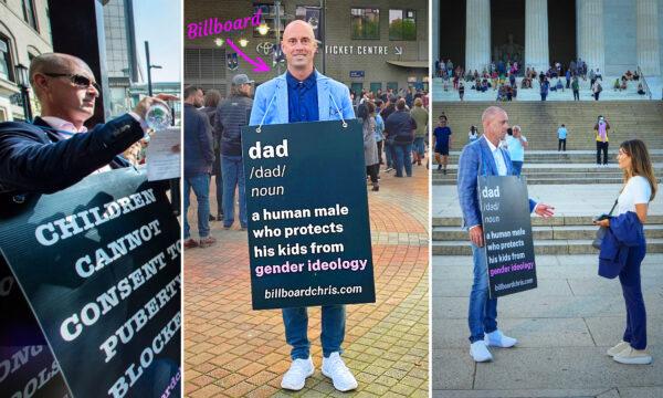 Chris Elston with his billboard signs. (Left: Joseph Prezioso/AFP via Getty Images; Centre and Right: Courtesy of Chris Elston)