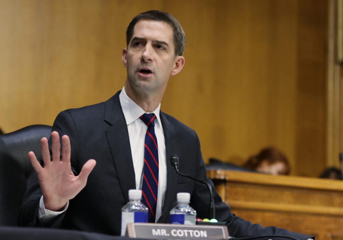 Sen. Tom Cotton (R-Ark.) questions U.S. Attorney General Merrick Garland as he testifies at a Senate Judiciary Committee hearing about oversight of the Department of Justice in Washington on Oct. 27, 2021. (Tasos Katopodis-Pool/Getty Images)