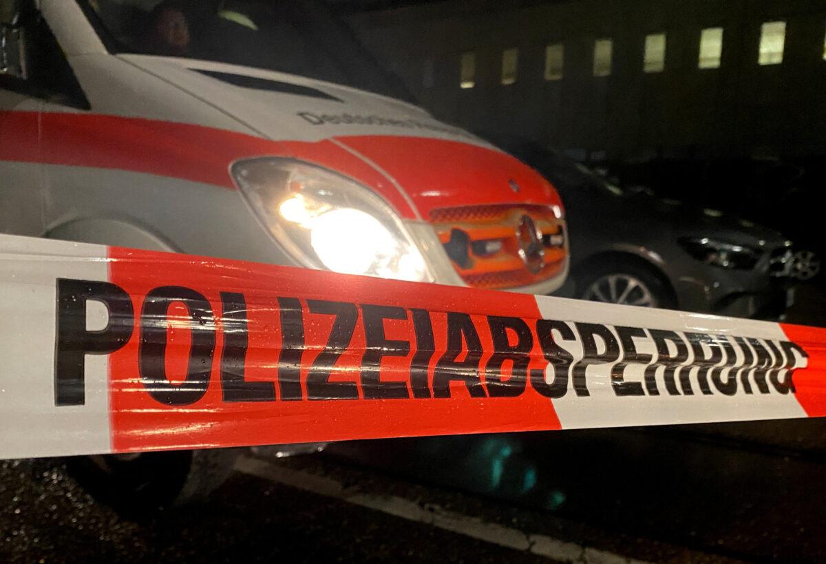 German police sealed the area at the scene of a hostage situation at a pharmacy in the western German city of Karlsruhe, Germany, on March 10, 2023. (Tilman Blasshofer/Reuters)