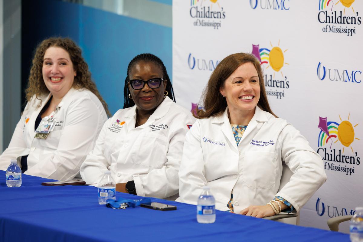 [L–R]: Dr. Ashley Doucet, assistant professor of neonatology, Dr. Mobolaji Famuyide, chief of the Division of Newborn Medicine, and Dr. Rachael Morris, associate professor of maternal-fetal medicine. (Courtesy of UMMC Communications and Marketing)