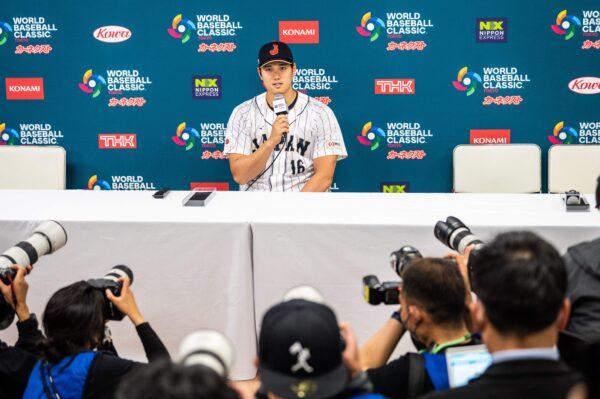 Japan's Shohei Ohtani attends a press conference ahead of the World Baseball Classic at the Tokyo Dome in Tokyo on March 8, 2023. (Yuichi Yamazaki/AFP via Getty Images)