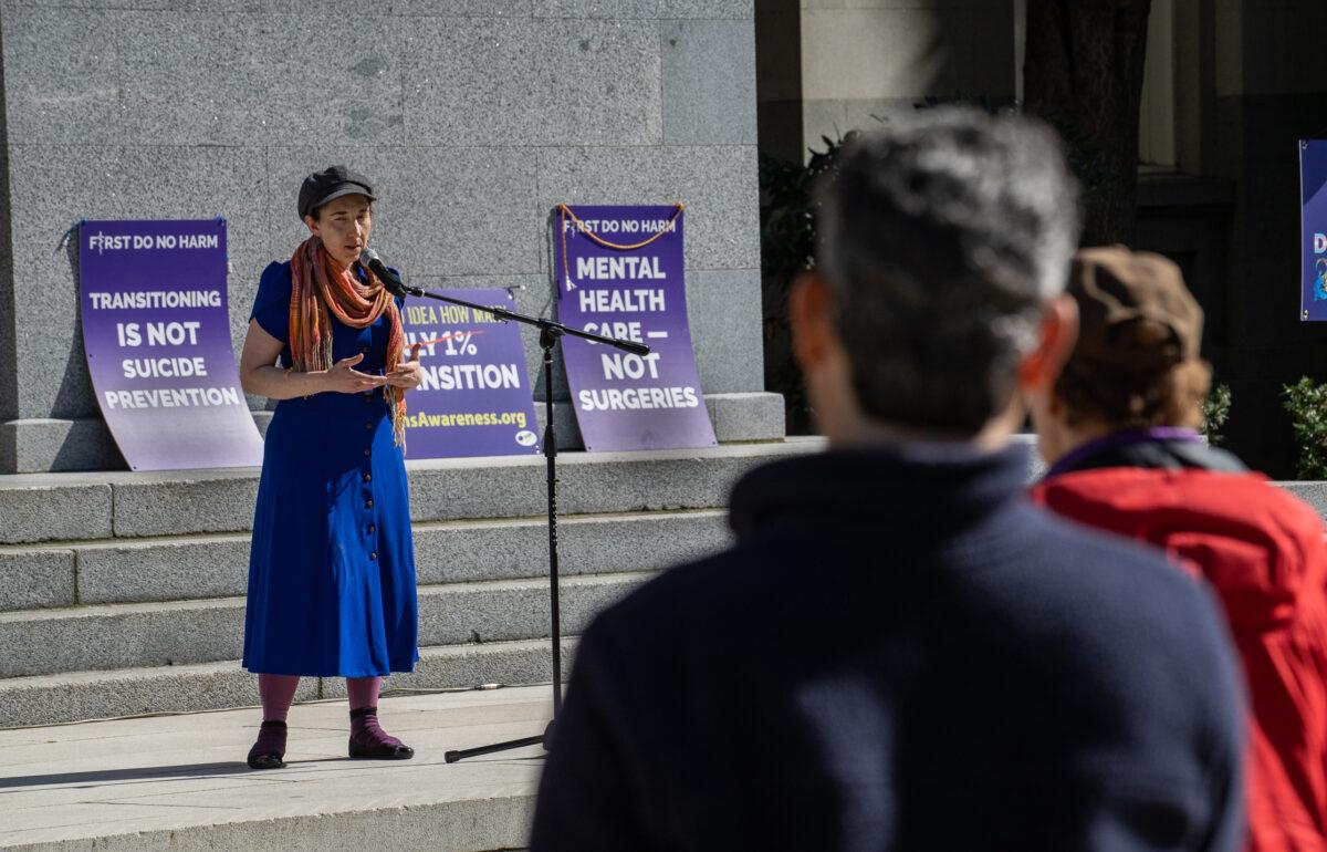 Detransitioners and their supporters hold a rally on the steps of the California State Capitol in Sacramento on March 10, 2023. (John Fredricks/The Epoch Times)