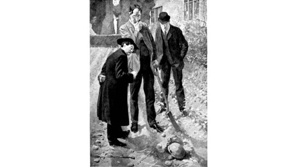 G.K. Chesterton used the hunter and hunted motif in his Father Brown stories. Illustration by Sydney Seymour Lucas for "The Innocence of Father Brown." (Public Domain)