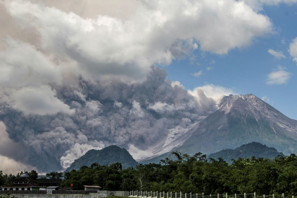 Mount Merapi releases volcanic materials during an eruption in Sleman, Indonesia, on March 11, 2023. (Slamet Riyadi/AP Photo)