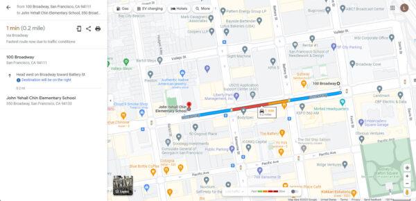 According to Google Maps, the travel distance from 100 Broadway to John Yehall Chin Elementary School is about 0.2 miles (1,056 feet). (Screenshot via GoogleMaps.com)