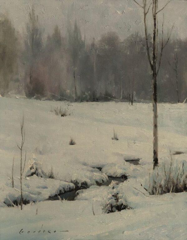 A study for "Winter Dreamland," 2020, by Jake Gaedtke. Oil on canvas; 10 inches by 8 inches. (Jake Gaedtke)