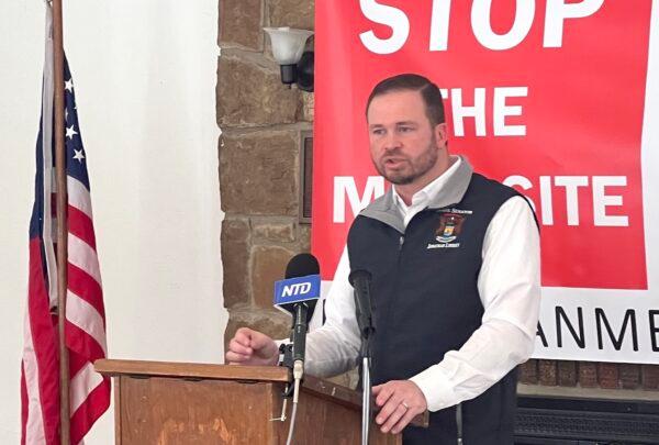 Michigan state Sen. Jonathan Lindsay (R-Allen Township) speaks at a press conference in Marshall, Mich., on Mar. 11, 2023, objecting to using taxpayer dollars to fund a Ford electric vehicle battery plant partnered with a Chinese company with ties to the Chinese Communist Party. (NTD)