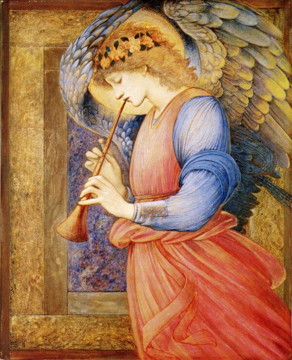"An Angel Playing the Flageolet," circa 1878, Edward Burne-Jones. Tempera and gold paint on paper; 29 1/4 inches by 24 inches. Gift of Emma Holt (1944), Sudley House. (Public Domain)