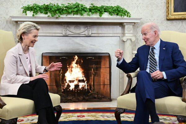U.S. President Joe Biden meets with European Commission President Ursula von der Leyen in the White House on March 10, 2023. (MANDEL NGAN/AFP via Getty Images)