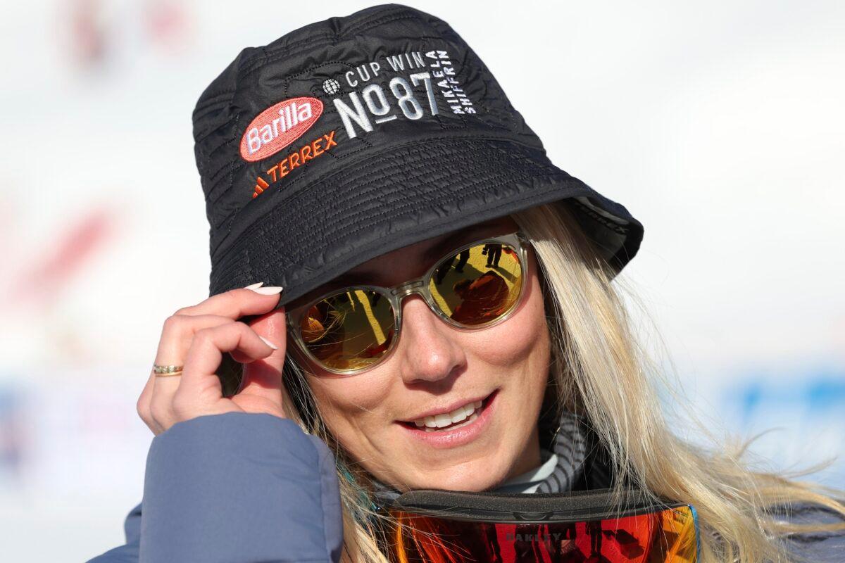 The winner United States' Mikaela Shiffrin wears an hat with n. 87, the number of her World Cup victories, one more than ski great Ingemar Stenmark, after an alpine ski, women's World Cup slalom, in Are, Sweden, on March 11, 2023. (Alessandro Trovati/AP Photo)