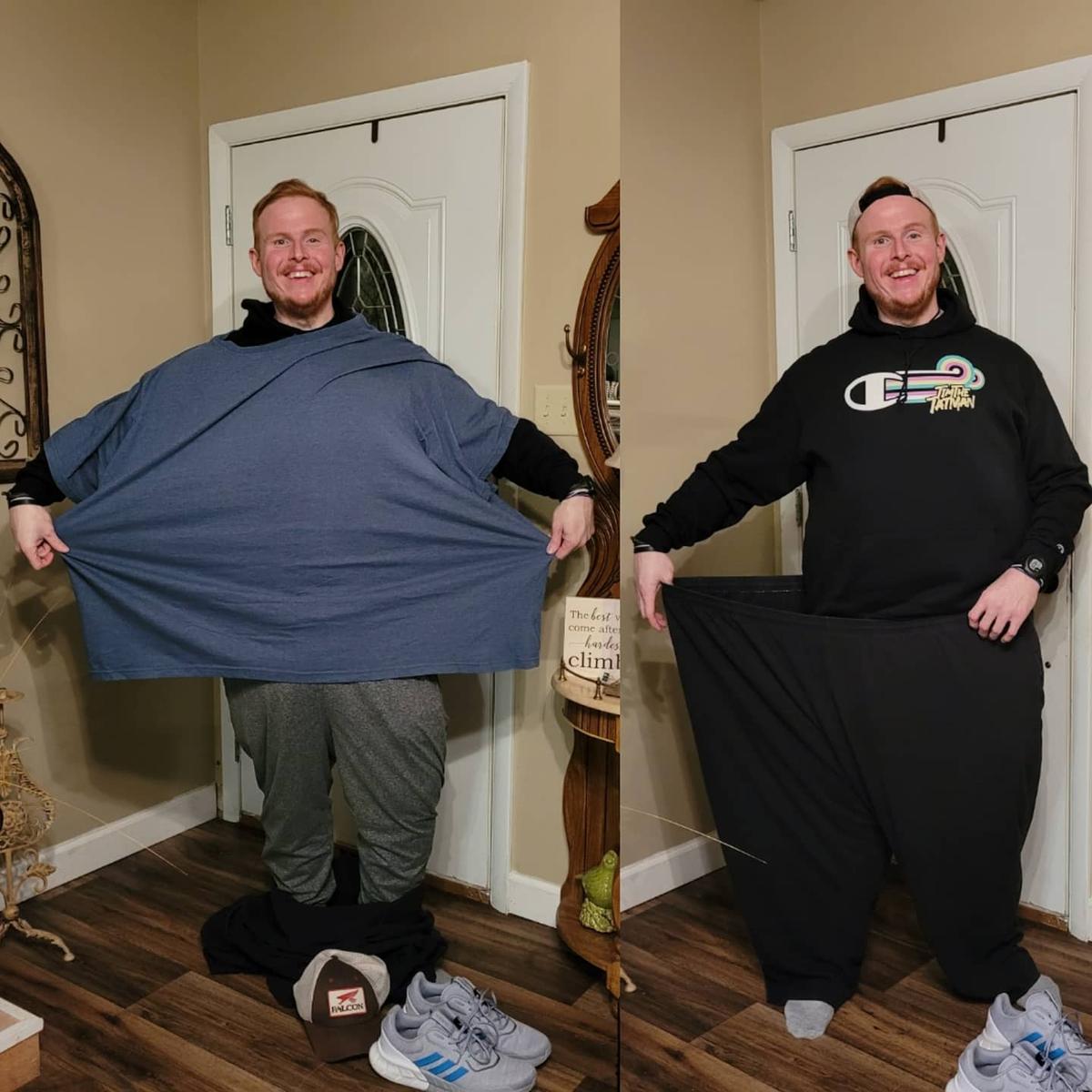 Casey King demonstrates his weight loss achievement by wearing his old clothes. (Courtesy of <a href="https://www.instagram.com/_caseyking_/">Casey King</a>)