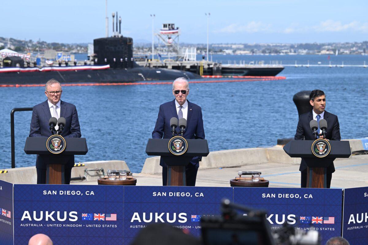 Australian Prime Minister Anthony Albanese (L), U.S. President Joe Biden (C), and British Prime Minister Rishi Sunak (R) hold a press conference after a trilateral meeting during the AUKUS summit in California on March 13, 2023. (Leon Neal/Getty Images)
