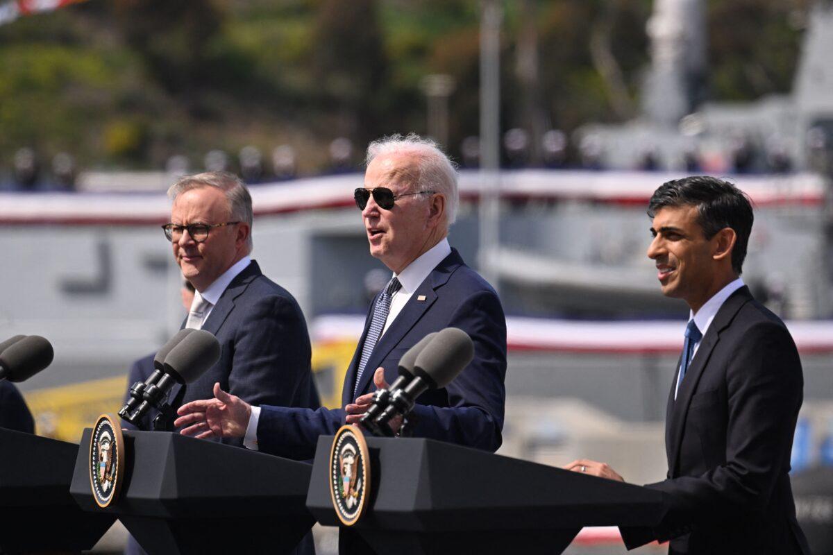 U.S. President Joe Biden (C) speaks alongside British Prime Minister Rishi Sunak (R) and Australian Prime Minister Anthony Albanese at a press conference during the AUKUS summit at Naval Base Point Loma in San Diego, Calif., on March 13, 2023. (Jim Watson/AFP via Getty Images)