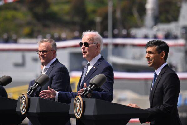 U.S. President Joe Biden (C) speaks alongside British Prime Minister Rishi Sunak (R) and Australian Prime Minister Anthony Albanese (L) at a press conference during the AUKUS summit at Naval Base Point Loma in San Diego, Calif., on March 13, 2023. (Jim Watson/AFP via Getty Images)