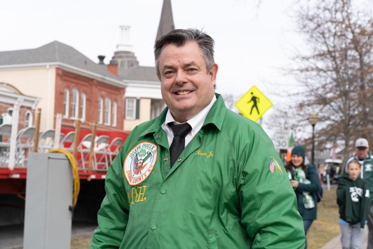 Kevin Strommer at Mid-Hudson St. Patrick's Parade in Goshen, N.Y., on March 12, 2023. (Cara Ding/The Epoch Times)
