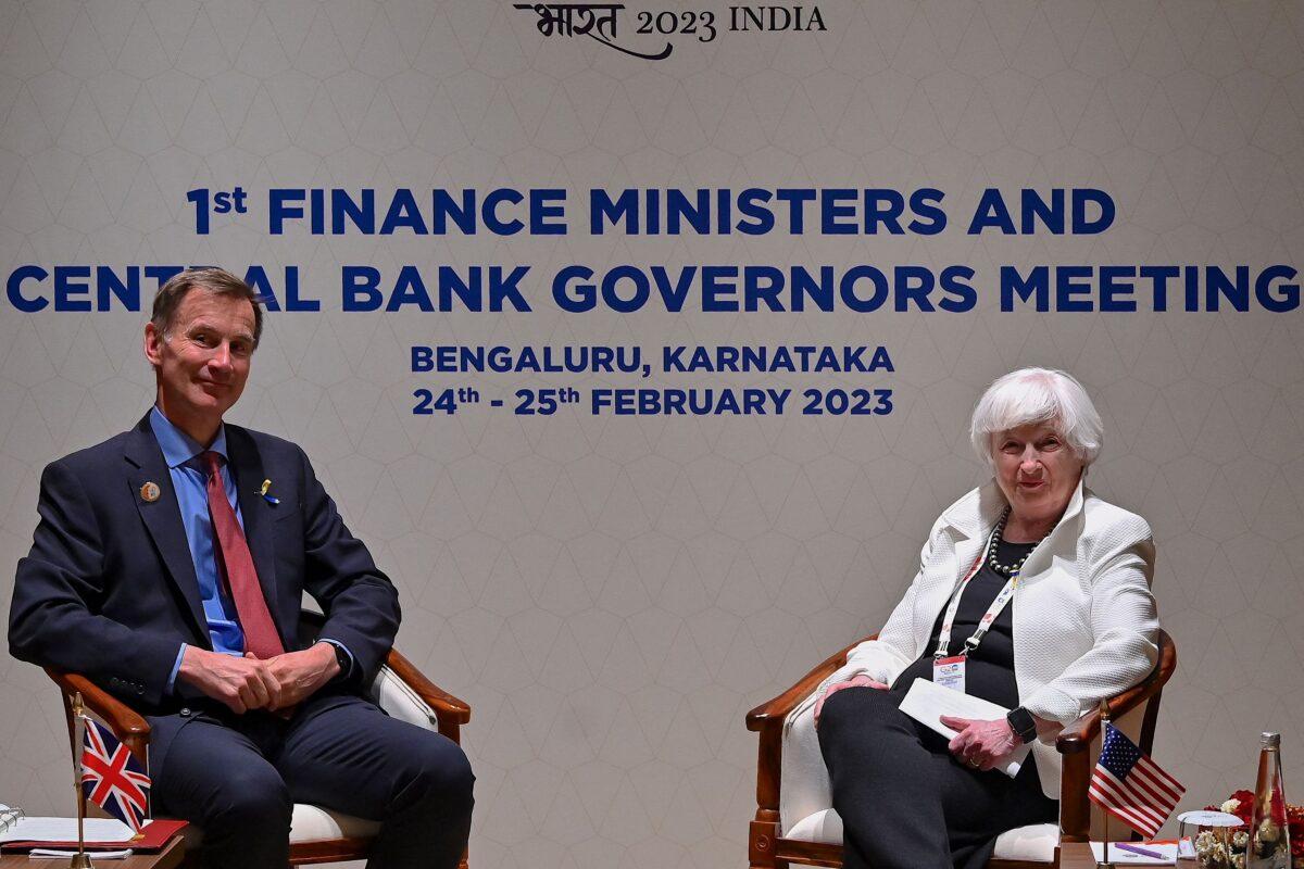 British Chancellor of the Exchequer Jeremy Hunt (L) and U.S. Treasury Secretary Janet Yellen take part in a bilateral conference on the sidelines of the G-20 Finance Ministers and Central Bank Governors meeting in Bengaluru, India, on Feb. 24, 2023. (Manjunath Kiran/AFP via Getty Images)