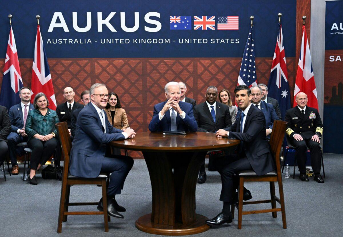 U.S. President Joe Biden (C) participates in a trilateral meeting with UK Prime Minister Rishi Sunak (R) and Australia's Prime Minister Anthony Albanese (L) during the AUKUS summit at Naval Base Point Loma in San Diego, Calif., on March 13, 2023. (Jim Watson/AFP via Getty Images)