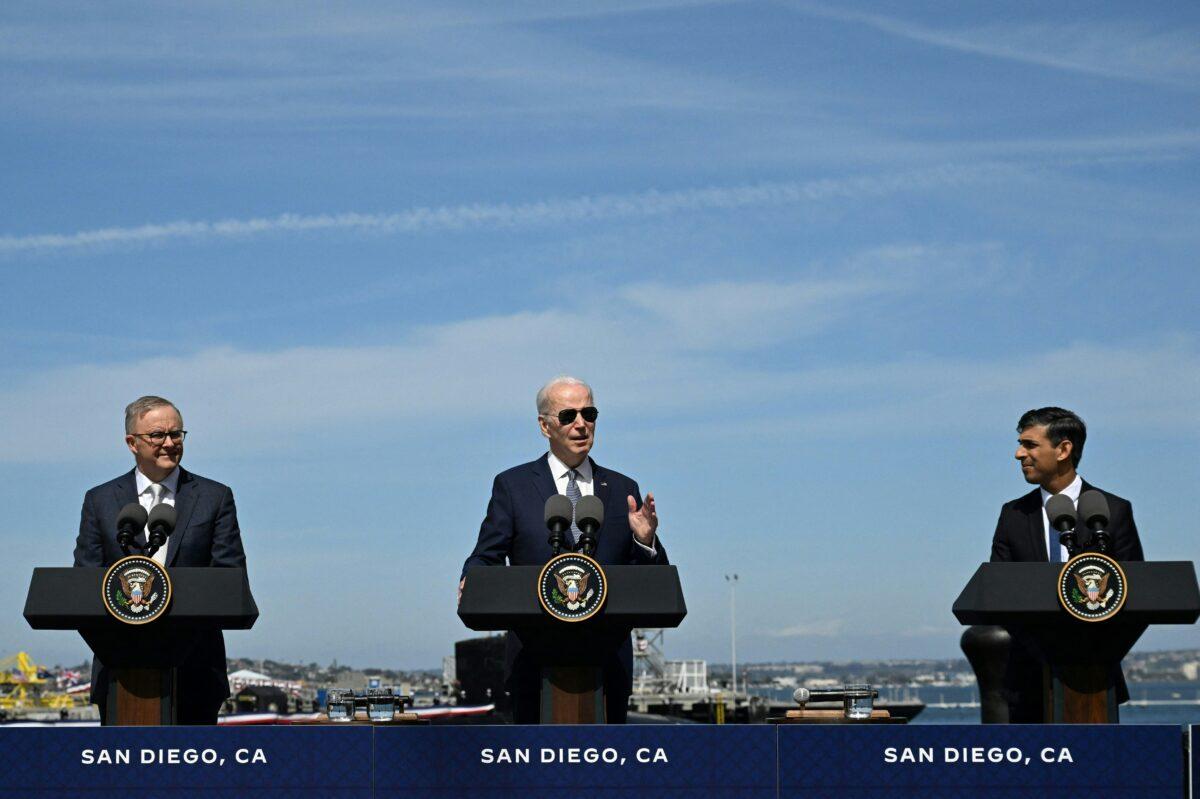 U.S. President Joe Biden (C), UK Prime Minister Rishi Sunak (R), and Australian Prime Minister Anthony Albanese (L) hold a news conference during the AUKUS summit at Naval Base Point Loma in San Diego on March 13, 2023. (Jim Watson/AFP via Getty Images)